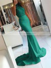 Trumpet/Mermaid Halter Sweep Train Jersey Appliques Lace Prom Dresses #PDS020104945
