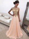 Princess Scoop Neck Sweep Train Chiffon Appliques Lace Prom Dresses #PDS020104946