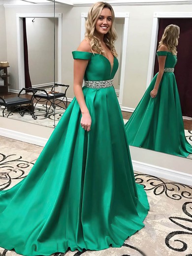 Princess Off-the-shoulder Sweep Train Satin Beading Prom Dresses #PDS020104954