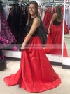 A-line Halter Sweep Train Satin Appliques Lace Prom Dresses #PDS020104957