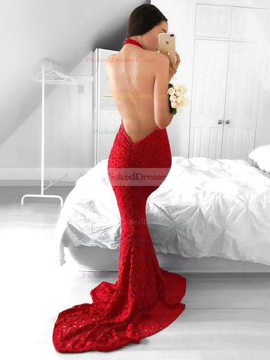 Trumpet/Mermaid Halter Sweep Train Lace Prom Dresses #PDS020104818