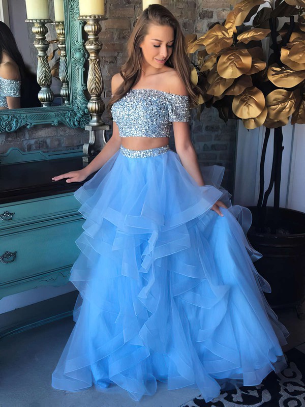 A-line Off-the-shoulder Floor-length Organza Beading Prom Dresses #PDS020104975