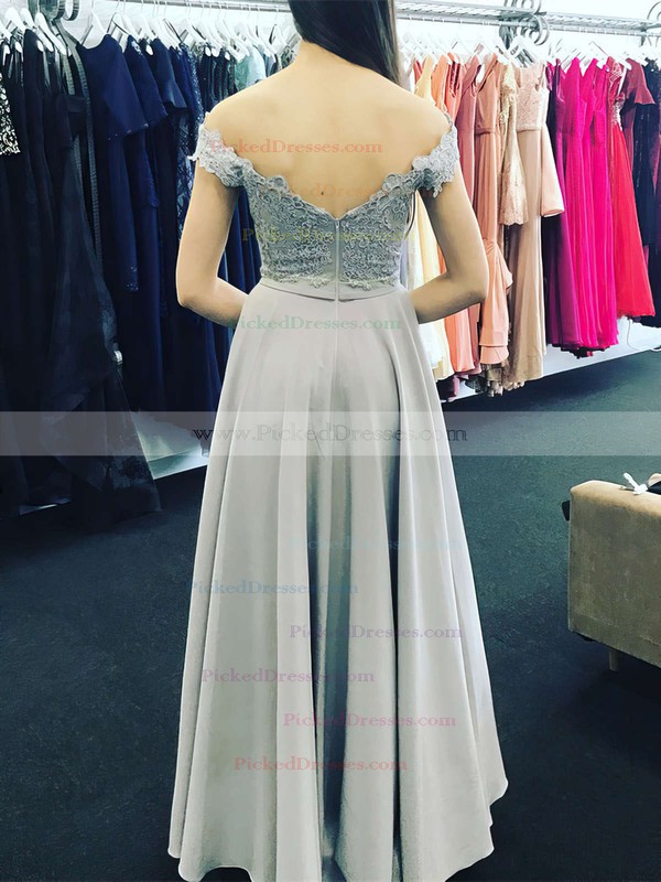 A-line Off-the-shoulder Floor-length Satin Chiffon Appliques Lace Prom Dresses #PDS020105002