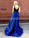 A-line V-neck Sweep Train Organza Velvet Beading Prom Dresses #PDS020105016