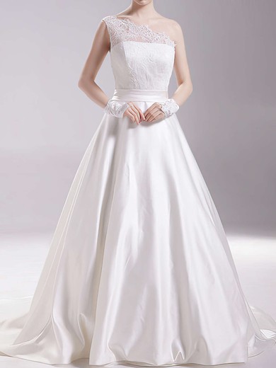 White One Shoulder Satin Lace Sashes/Ribbons Coolest Ball Gown Wedding Dress #PDS00020493