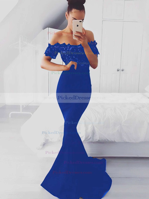 Trumpet/Mermaid Off-the-shoulder Sweep Train Satin Lace Prom Dresses #PDS020105022