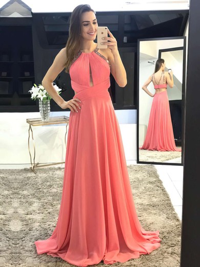 A-line Scoop Neck Sweep Train Chiffon Beading Prom Dresses #PDS020105147