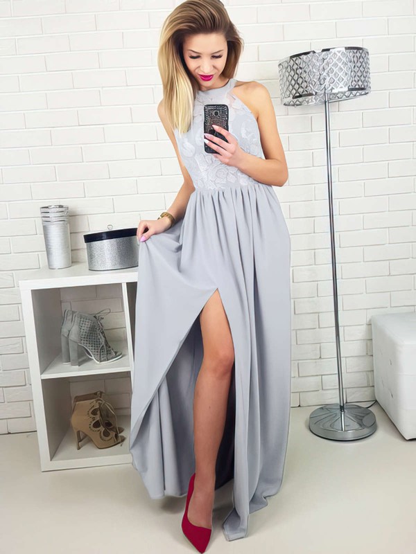A-line Scoop Neck Floor-length Lace Satin Chiffon Split Front Prom Dresses #PDS020105172