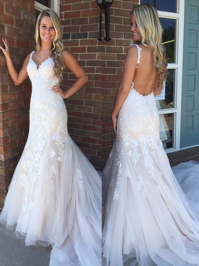 Trumpet/Mermaid V-neck Sweep Train Tulle Appliques Lace Prom Dresses #PDS020105177