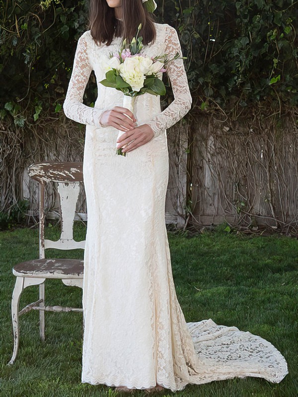 Affordable Long Sleeve Ivory Lace High Neck Sheath/Column Wedding Dress #PDS00020495