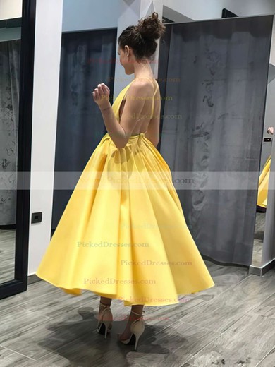 Ball Gown V-neck Ankle-length Satin Ruffles Prom Dresses #PDS020105219