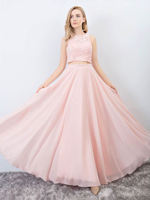 A-line Scoop Neck Floor-length Lace Chiffon Pockets Prom Dresses #PDS020105223