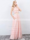 A-line Scoop Neck Floor-length Lace Chiffon Pockets Prom Dresses #PDS020105223