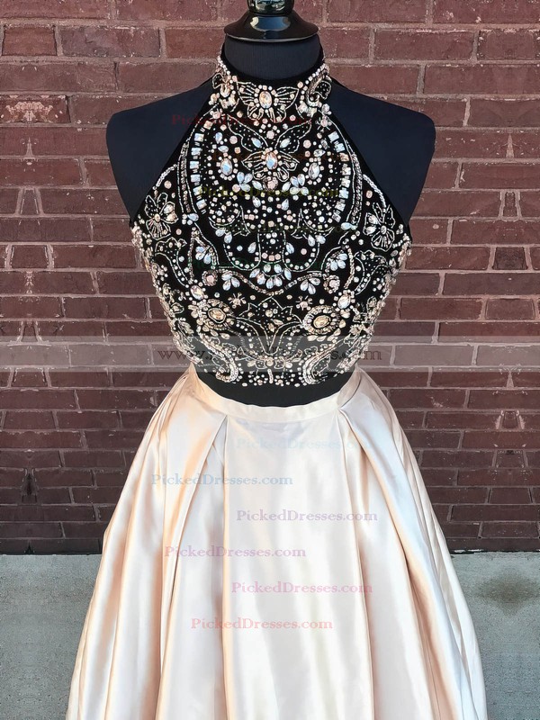 Ball Gown High Neck Floor-length Satin Beading Prom Dresses #PDS020105225