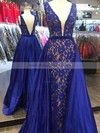 Princess V-neck Sweep Train Lace Satin Prom Dresses #PDS020105252