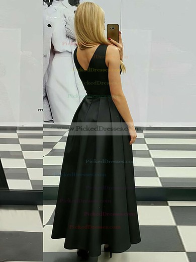 A-line V-neck Ankle-length Satin Ruffle Prom Dresses #PDS020105259