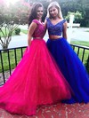 Ball Gown V-neck Sweep Train Tulle Beading Prom Dresses #PDS020105271