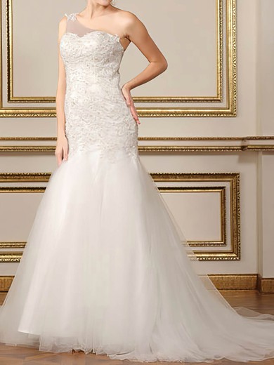 Modest White One Shoulder Tulle Appliques Lace Trumpet/Mermaid Wedding Dresses #PDS00020500