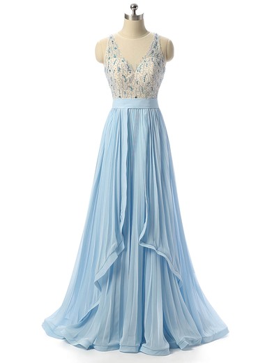 A-line Scoop Neck Floor-length Chiffon Tulle Beading Prom Dresses #PDS020105316
