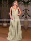 A-line V-neck Floor-length Satin Ruffle Prom Dresses #PDS020105328