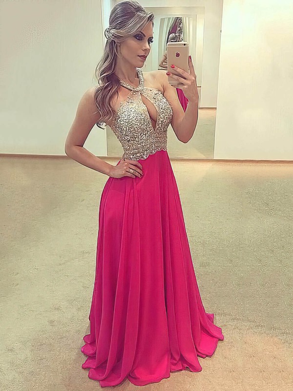 A-line Scoop Neck Floor-length Chiffon Tulle Beading Prom Dresses #PDS020105346