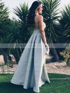 A-line V-neck Floor-length Satin Prom Dresses #PDS020105365