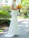 Scoop Neck White Lace Silk-like Satin Sashes / Ribbons Short Sleeve Trumpet/Mermaid Wedding Dresses #PDS00020502