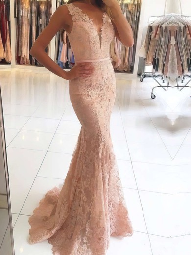 Trumpet/Mermaid V-neck Sweep Train Lace Tulle Beading Prom Dresses #PDS020105460