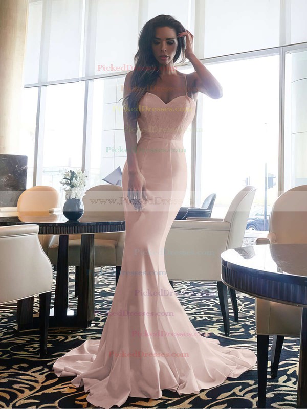 Trumpet/Mermaid Sweetheart Sweep Train Satin Chiffon Lace Prom Dresses #PDS020105480