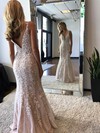 Trumpet/Mermaid V-neck Sweep Train Lace Tulle Beading Prom Dresses #PDS020105508