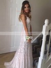 Trumpet/Mermaid V-neck Sweep Train Lace Tulle Beading Prom Dresses #PDS020105508