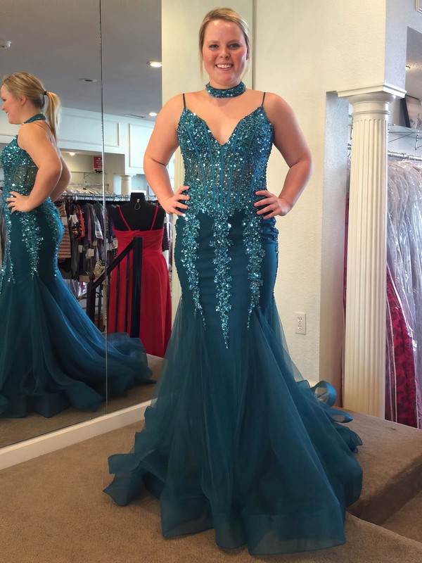 Trumpet/Mermaid V-neck Sweep Train Organza Beading Prom Dresses #PDS020105530
