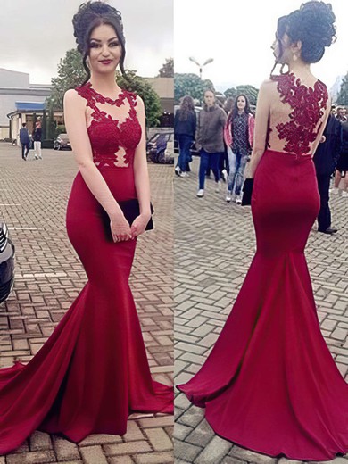 Trumpet/Mermaid Scoop Neck Sweep Train Jersey Appliques Lace Prom Dresses #PDS020105540