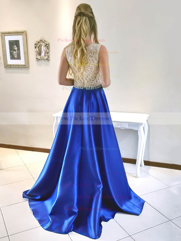 Princess Scoop Neck Sweep Train Satin Tulle Beading Prom Dresses #PDS020105567