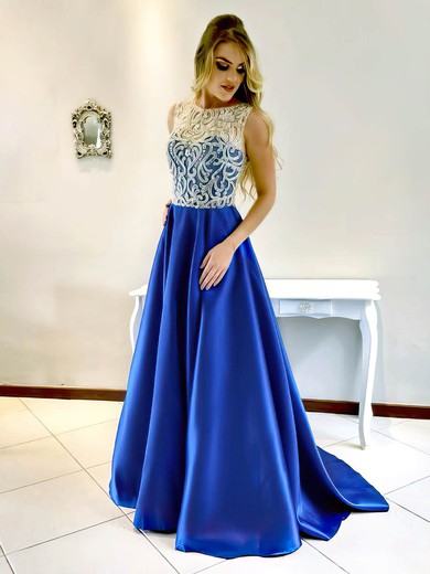 Princess Scoop Neck Sweep Train Satin Tulle Beading Prom Dresses #PDS020105567