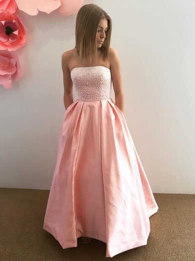 Princess Strapless Floor-length Satin Beading Prom Dresses #PDS020105574