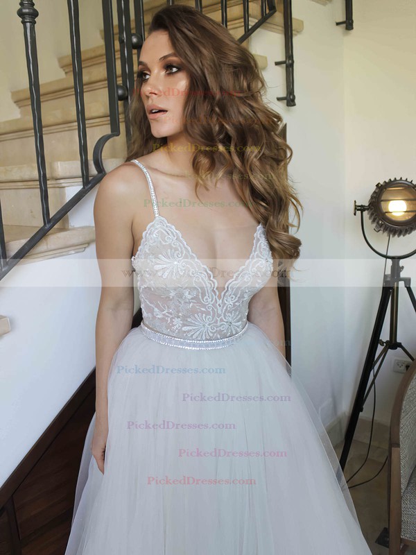 Princess V-neck Floor-length Tulle Lace Prom Dresses #PDS020105575