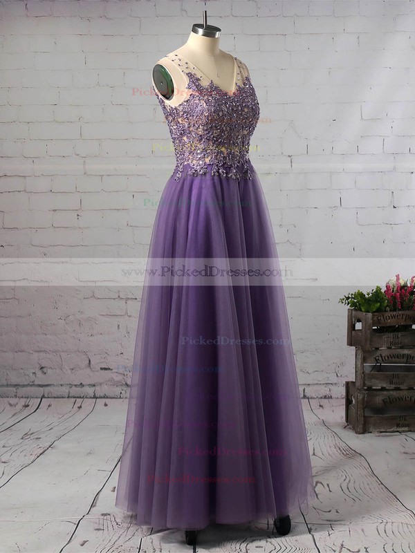Princess V-neck Floor-length Tulle Beading Prom Dresses #PDS020105576