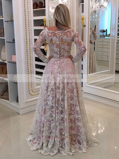 A-line Off-the-shoulder Floor-length Lace Tulle Appliques Lace Prom Dresses #PDS020105583