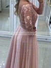 A-line Off-the-shoulder Floor-length Chiffon Tulle Appliques Lace Prom Dresses #PDS020105588