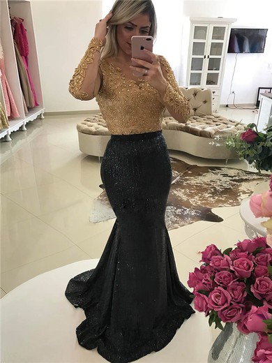 Trumpet/Mermaid Scoop Neck Sweep Train Tulle Sequined Beading Prom Dresses #PDS020105610