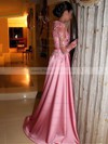A-line Scoop Neck Sweep Train Satin Tulle Appliques Lace Prom Dresses #PDS020105622