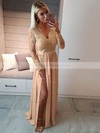 A-line V-neck Floor-length Chiffon Tulle Appliques Lace Prom Dresses #PDS020105623