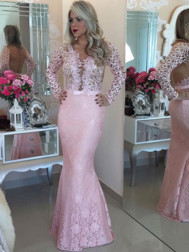 Trumpet/Mermaid Scoop Neck Floor-length Tulle Lace Prom Dresses #PDS020105624