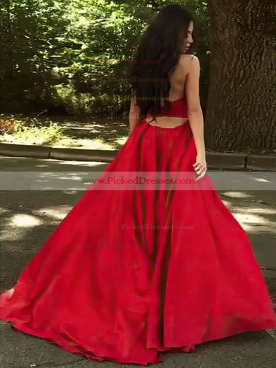 Princess V-neck Sweep Train Satin Ruffles Prom Dresses #PDS020105675