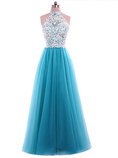A-line High Neck Floor-length Tulle Appliques Lace Prom Dresses #PDS020105687