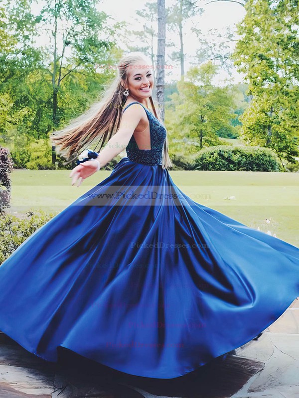 Princess V-neck Sweep Train Satin Beading Prom Dresses #PDS020105749