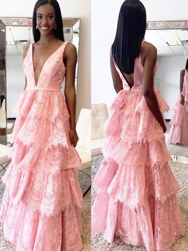 A-line V-neck Floor-length Lace Prom Dresses #PDS020105762