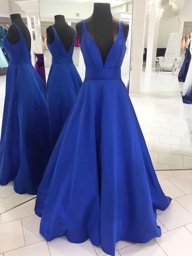 Princess V-neck Floor-length Satin Ruffles Prom Dresses #PDS020105771