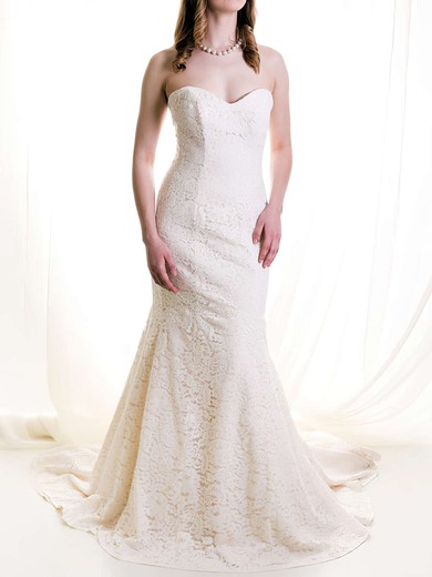 Prettiest Sweetheart Ivory Lace Draped Court Train Wedding Dresses #PDS00020513